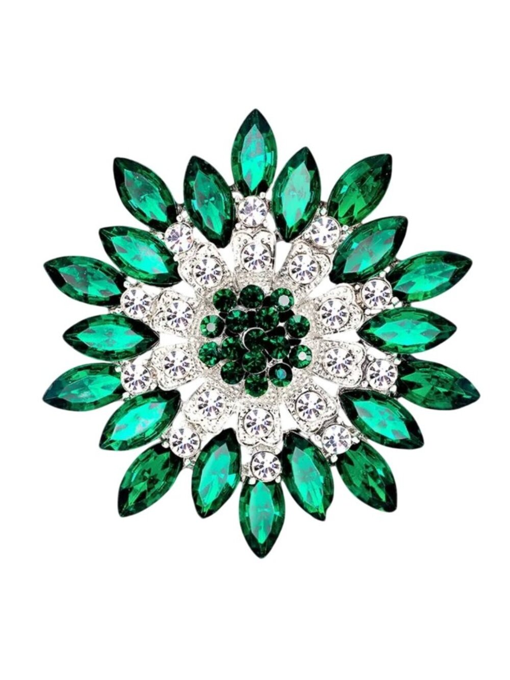 Green & Clear Rhinestone Flower Brooch Starburst